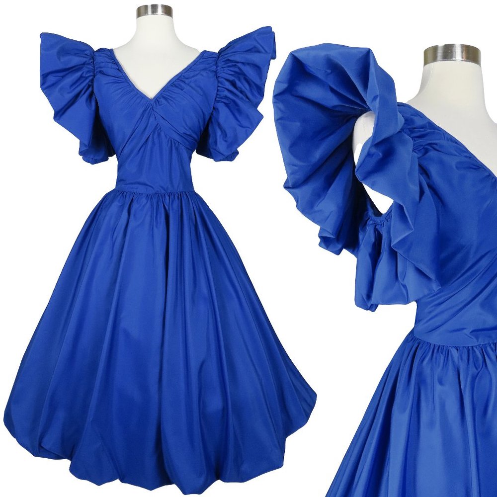 Vintage 80s Royal Blue Ruffle Sleeve Full Bubble Skirt Prom Party Dress M Medium